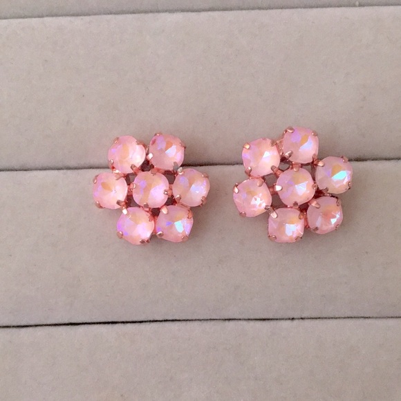 Pink Opal Aurora Borealis + Rose Gold Crystal Flower Statement Earrings - Picture 3 of 7
